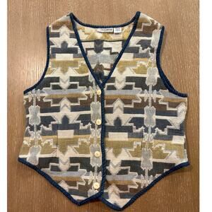 Vintage‎ Chrysantheme Womens Large Cotton Button Vest Geometric Aztec Biege Blue